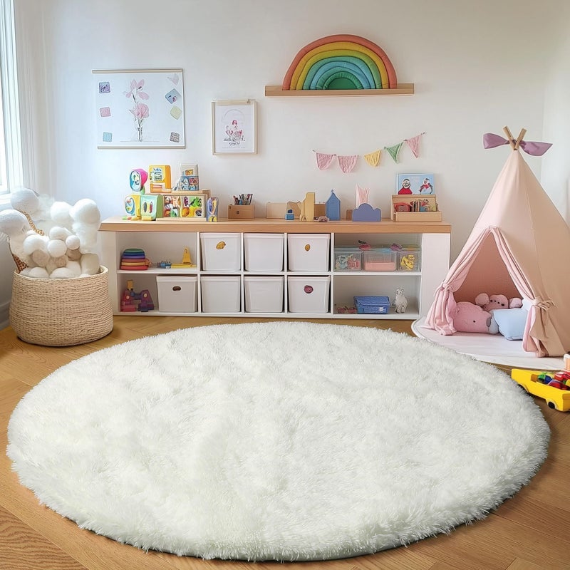 ONASAR Cream White Round Area Rugs 6ft, Fluffy Soft Bedroom Circle Rug Floor Mat for Kids Girls Boys Teen Room, Fuzzy Plush Shaggy Carpet for Baby Nursery Living Room Playroom Dorm Home Decor - Image 4